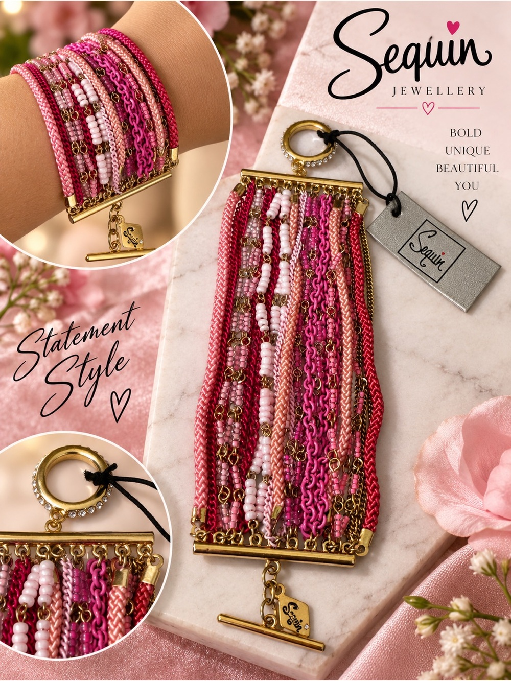 Pink Multi-Row Beaded Statement Bracelet